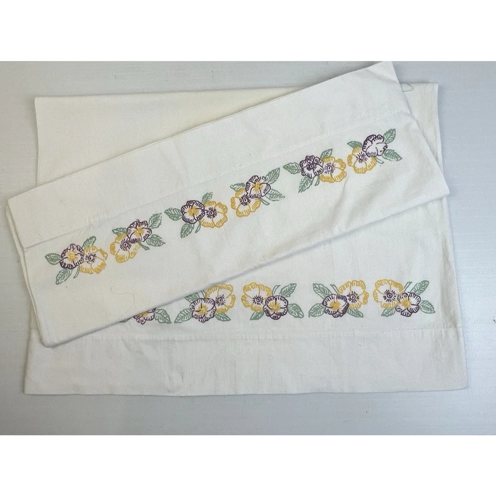 VIntage Stamped Embrodierey Pillow Cases Floral Pansy 30 x 21 White Cotton